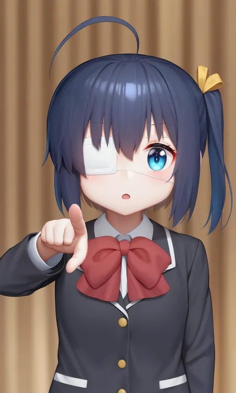 masterpiece,best quality,<lora:takanashi_rikka:1>,takanashi_rikka,hair_bow,medical_eyepatch,jacket,one_side_up,red_bowtie,bowtie,hair_ornament,solo,red_bow,long_sleeves,chuunibyou_demo_koi_ga_shitai!,1girl,sparkling_daydream,eyepatch,bow,blazer,transparent_background,upper_body,ribbon,school_uniform,ahoge,pointing,hair_ribbon,icho_private_high_school_uniform,black_jacket,flat_color,