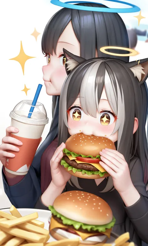 french fries,burger,food,grey hair,animal ears,ear wiggle,halo,eating,long hair,cup,white background,dress,holding food,black dress,simple background,holding,multicolored hair,black hair,disposable cup,sparkle,fast food,drinking straw,streaked hair,sparkling eyes,blush,+_+,vertical-striped dress,jacket,multiple girls,1girl,long sleeves,black jacket,blue halo,food on face,striped dress,afterimage,2girls,diamond cutout,closed mouth,brown eyes,
cinematic_lighting,reality_ray_tracing,Tyndall effect,Volumetric Lighting,3D graphics,physically-based rendering,