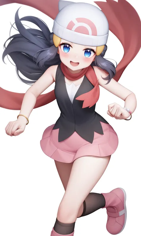 masterpiece,best quality,very aesthetic,absurdres,<lora:dawn_(pokemon)_v3:1>,highres, hands_on_own_hips, standing, white_hat, red_scarf, from_below, smile, 1girl, solo, bad_pixiv_id, grey_background, black_shirt, sleeveless_shirt, miniskirt, looking_at_viewer, bad_id, dawn_\(pokemon\), pink_skirt