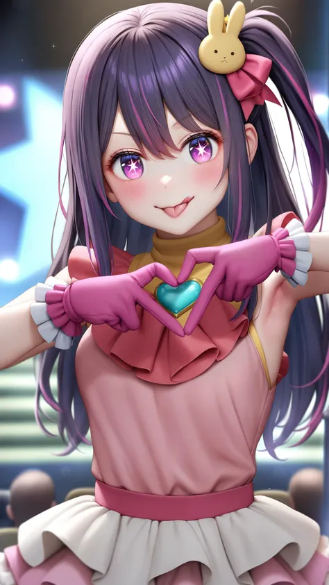 best quality,masterpiece,realistic,1girl, hoshino ai \(oshi no ko\), oshi no ko,star (symbol),solo,hair ornament,purple hair,rabbit hair ornament,gloves,long hair,star-shaped pupils,tongue,tongue out,pink gloves,dress,symbol-shaped pupils,heart,purple eyes,idol clothes,idol,pink dress,star hair ornament,heart hands,sleeveless,brooch,frills,heart brooch,armpits,frilled dress,looking at viewer,hair between eyes,sidelocks,blush,turtleneck dress,sleeveless dress,frilled gloves,smile,closed mouth,jewelry,one side up,multicolored hair,upper body,ribbon,