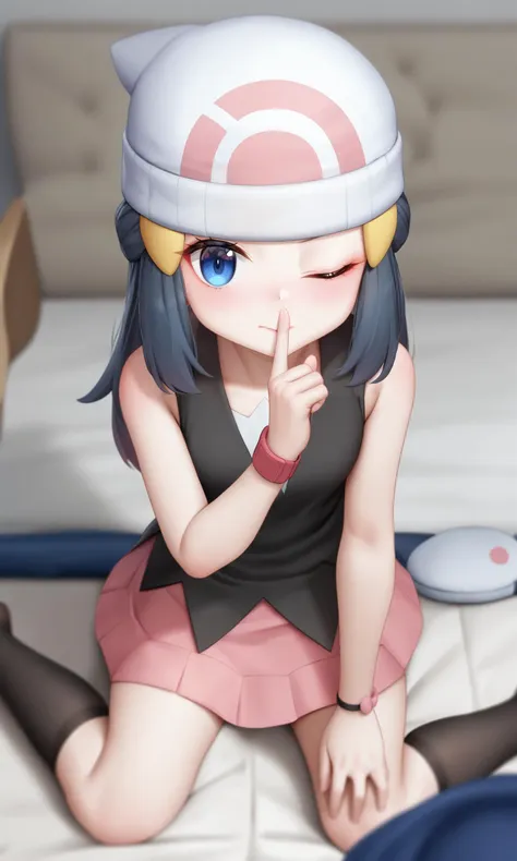 masterpiece,best quality,very aesthetic,absurdres,<lora:dawn_(pokemon)_v3:1>,beanie, sleeveless, sidelocks, white_hat, commentary, the_pose, one_eye_closed, simple_background, 1girl, solo, black_shirt, index_finger_raised, black_socks, unworn_headwear, finger_to_mouth, unworn_hat, looking_at_viewer, dawn_\(pokemon\), pink_skirt