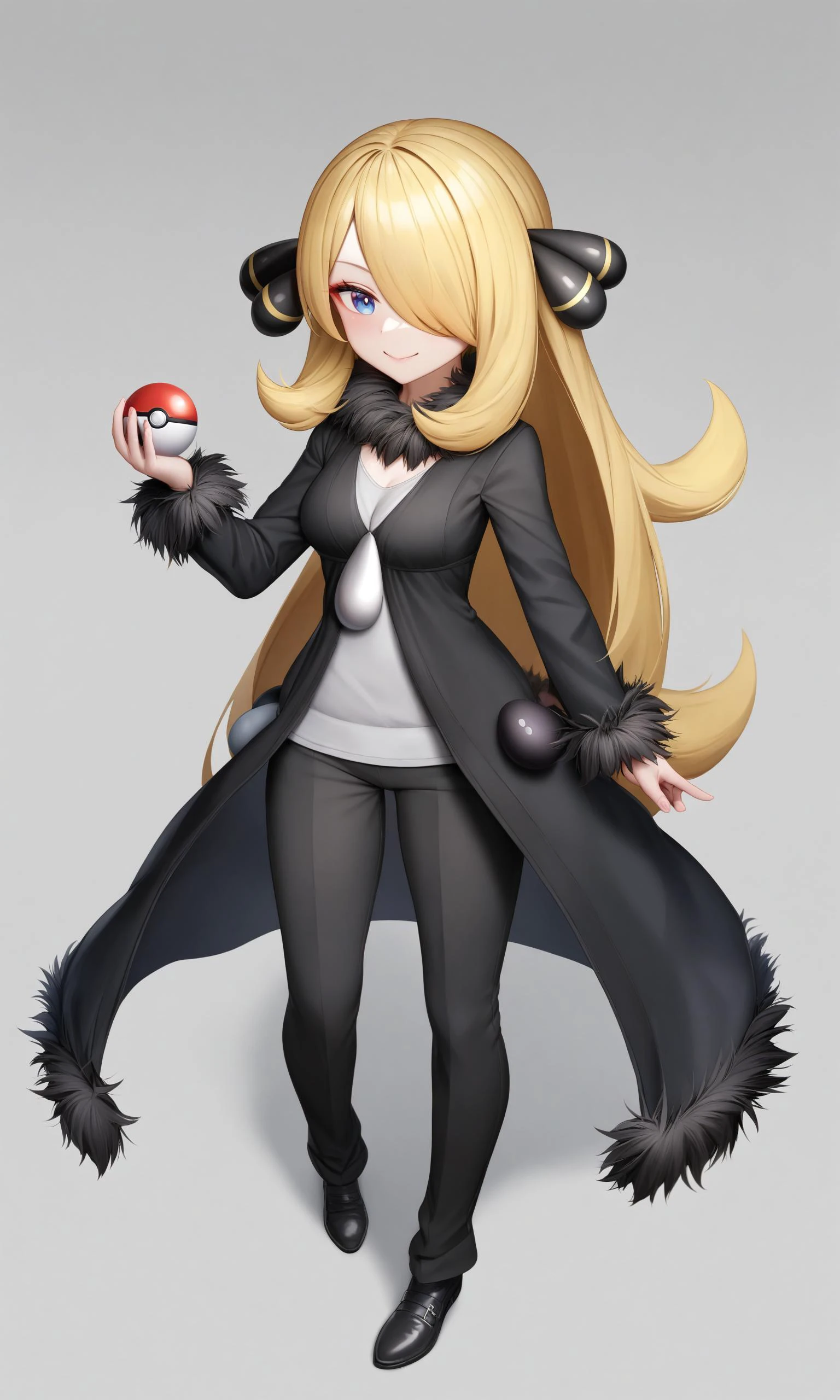 masterpiece,best quality,very aesthetic,absurdresï¼,<lora:cynthia_(pokemon):1>,ï¼smile,hair_over_one_eye,cynthia_\(pokemon\),black_coat,1girl,white_background,solo,chibi,poke_ball_\(basic\),full_body,black_pants,long_sleeves,closed_mouth,fur_trim,