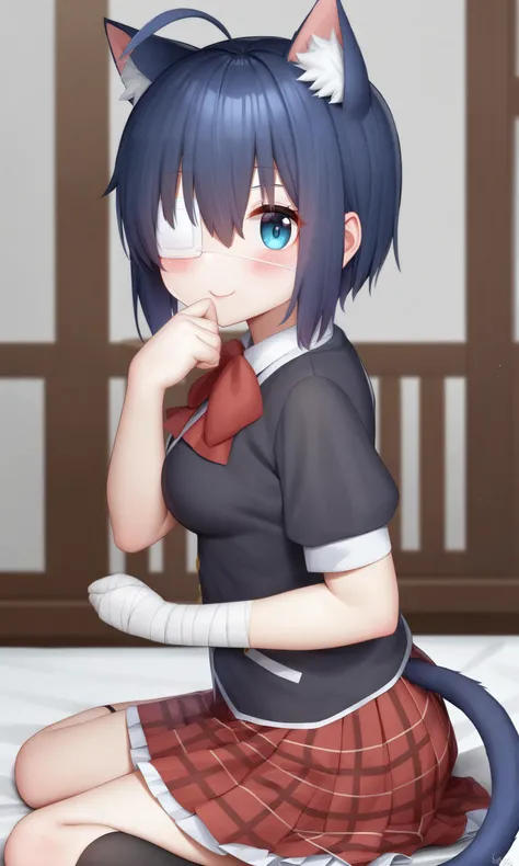masterpiece,best quality,<lora:takanashi_rikka:1>,takanashi_rikka, short_sleeves, medical_eyepatch, breasts, plaid_skirt, bowtie, hand_up, blush, hair_ornament, skirt, kemonomimi_mode, solo, red_bow, white_shirt, hair_bell, cat_girl, bandages, chuunibyou_demo_koi_ga_shitai!, 1girl, pleated_skirt, eyepatch, medium_breasts, plaid, bow, cat_tail, animal_ears, smile, signature, school_uniform, tail, looking_at_viewer, yokozuwari, ahoge, red_skirt, animal_ear_fluff, icho_private_high_school_uniform, shirt, cat_ears, bell, sitting