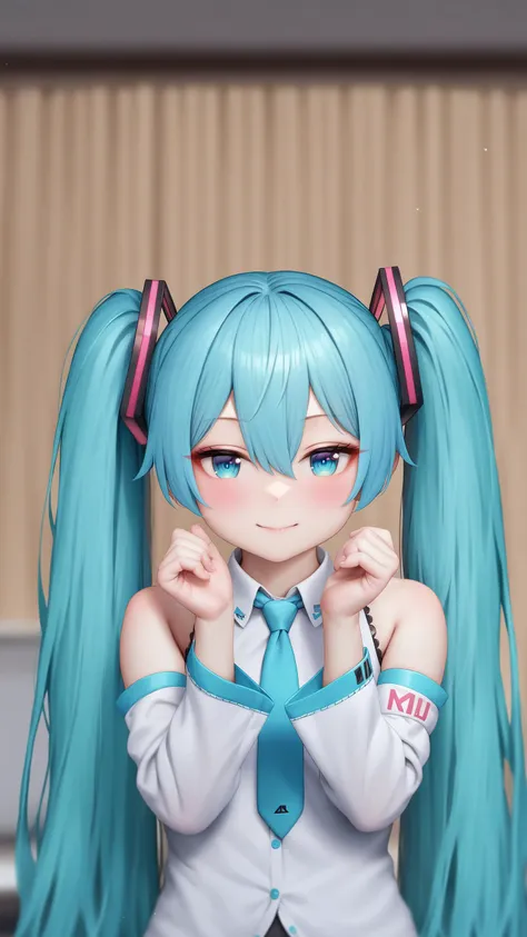 best quality,masterpiece,realistic,
1girl,solo,hatsune miku,twintails,smile,long hair,necktie,detached sleeves,looking at viewer,blush,blue hair,upper body,blue necktie,hair between eyes,shirt,aqua eyes,bare shoulders,closed mouth,sleeveless,blue eyes,aqua hair,bangs,hands up,tattoo,half-closed eyes,