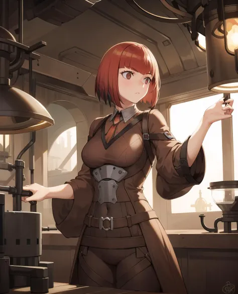 ashnodmtg,1girl,standing,facing viewer,in steampunk laboratory, <lora:AshnodMTG-09:0.7>
