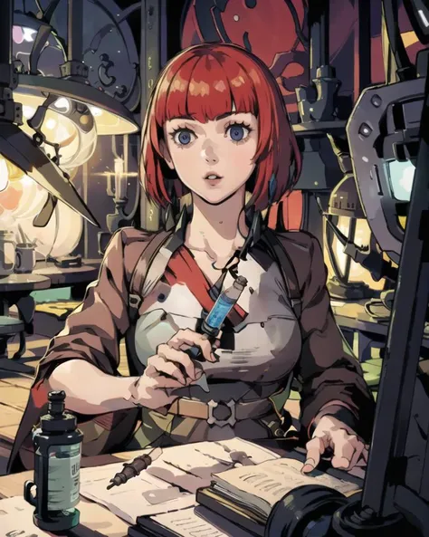 ashnodmtg,1girl,holding syringe,in fantasy barn,indoors,masterpiece,best quality, <lora:AshnodMTG-09:0.8>,