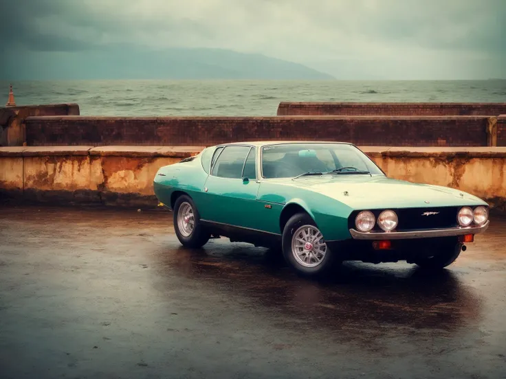 masterpiece, best quality, jaguarpirana, 1car, london background, sea port background, rain, dark, <lora:JaguarPiranaBertone-000008:0.6>, slate atmosphere, cinematic, dimmed colors, dark shot, muted colors, film grainy, lut, spooky