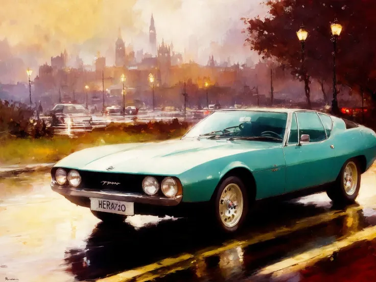 masterpiece, best quality, jaguarpirana, 1car, london background, rain, dark,  <lora:JaguarPiranaBertone-000008:0.6>, (rough brush strokes: 1.5), [soft impressionist brush strokes:1.2], blinding light, canvas texture, muted colors, by Brent Heighton, by Richard Schmid