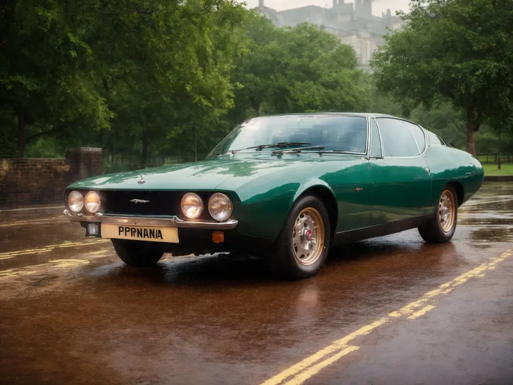 masterpiece, best quality, jaguarpirana, 1car, london background, England, rain, dark, <lora:JaguarPiranaBertone-000008:0.6>, slate atmosphere, cinematic, dimmed colors, dark shot, muted colors, film grainy, lut, spooky