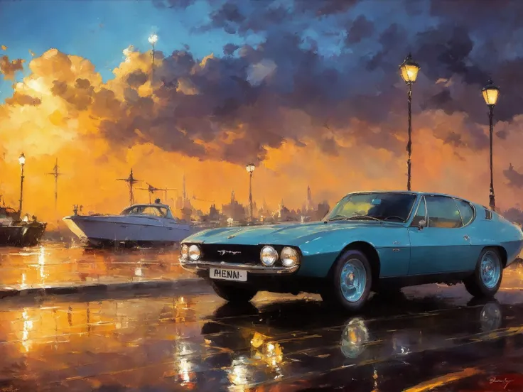masterpiece, best quality, jaguarpirana, 1car, london background, rain, dark,  <lora:JaguarPiranaBertone-000008:0.6>, (rough brush strokes: 1.5), [soft impressionist brush strokes:1.2], blinding light, canvas texture, muted colors, by Brent Heighton, by Richard Schmid