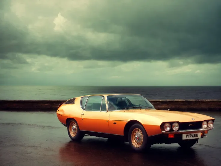 masterpiece, best quality, jaguarpirana, 1car, london background, sea port background, rain, dark,  <lora:JaguarPiranaBertone-000008:0.6>, slate atmosphere, cinematic, dimmed colors, dark shot, muted colors, film grainy, lut, spooky