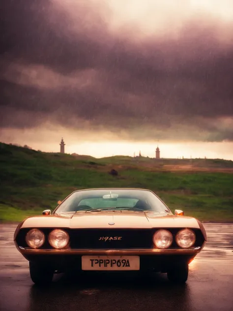 masterpiece, best quality, jaguarpirana, 1car, london background, England, rain, dark, <lora:JaguarPiranaBertone-000008:0.6>, slate atmosphere, cinematic, dimmed colors, dark shot, muted colors, film grainy, lut, spooky