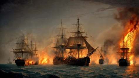 pirate ship, ocean, high seas, weather, epic sea battle, gun smoke, fog of war, ultra-detailed, highly-realistic, burning ships, blood in the sky, the sea on fire
<lora:Age_Of_Sail_Battle_Painting:0.6>, intricate details, hyperdetailed, cinematic, realistic, masterpiece