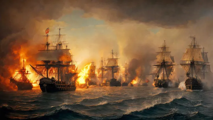 pirate ship, ocean, high seas, weather, epic sea battle, gun smoke, fog of war, ultra-detailed, highly-realistic, burning ships, blood in the sky, the sea on fire
<lora:Age_Of_Sail_Battle_Painting:0.6>, intricate details, hyperdetailed, cinematic, realistic, masterpiece