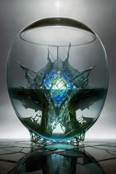 a glass thing, prone to shatter, full of vast unknowns, masterpiece, highly detailed, abstract, surreal, strange