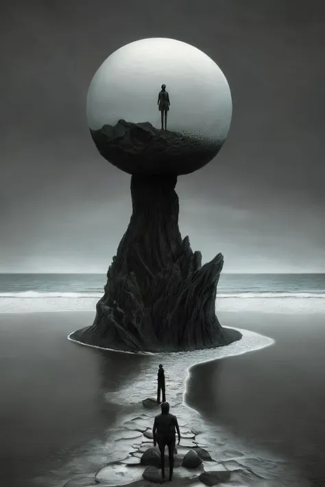 the endless sea of loneliness meeting the shore of solitude, masterpiece, highly detailed, abstract, surreal, strange