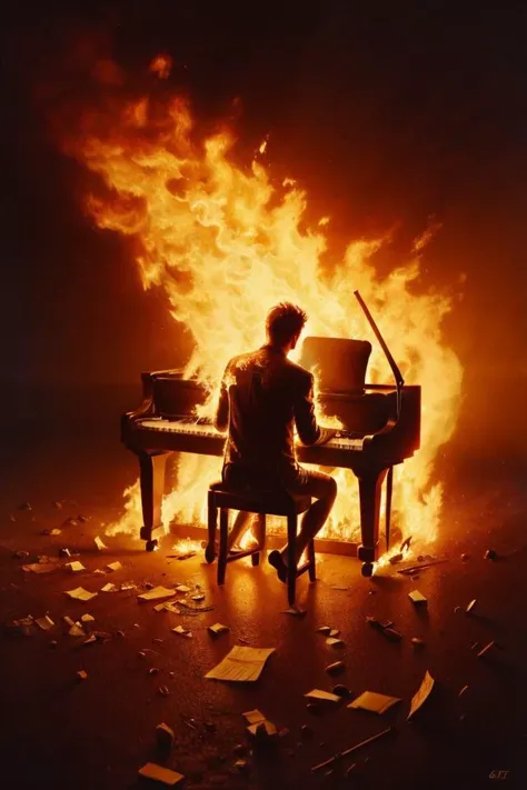 Shot from behind, a pianist completely engulfed in flames, with his back to the camera in the middle of a devastated street,lit by fire, playing a piano on fire, a piano burning, pieces of paper burning falling through the air, realistic,
-<popskullnegx>
Steps: 20, Sampler: DPM++ 2M Karras, Guidance Scale: 6.0, Seed: 4001258747, Size: 640x960, Model: popskull_v16_f16.ckpt, Strength: 1.0, Seed Mode: NVIDIA GPU Compatible, CLIP Skip: 2, Hires Fix: true, First Stage Size: 512x768, Second Stage Strength: 0.4, LoRA 1 Model: sacrifice_to_the_ancient_ones_lora_f16.ckpt, LoRA 1 Weight: 0.61, LoRA 2 Model: offering_to_the_ancient_ones_lora_f16.ckpt, LoRA 2 Weight: 0.3