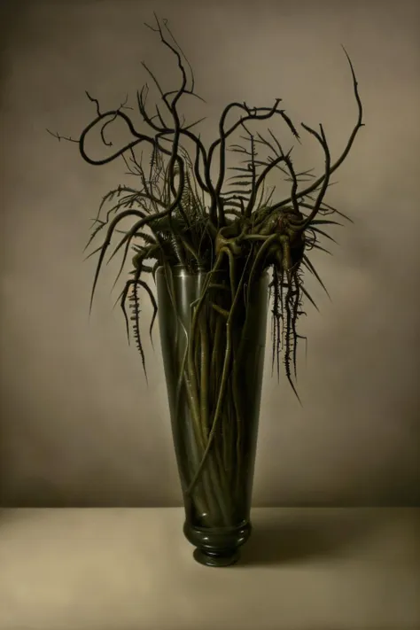 vines in a vase, creepy, horror, alive, still live, highly detailed, gloomy, masterpiece,