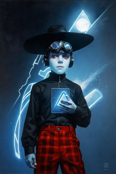 black eyes, city, Orbital refraction, science fiction, day, triangle, black headwear, 1boy, bangs, goggles, hat, abstract, blue background, tattoo, closed mouth, blue hair, axis vertices, holding, drooling, bald, robot joints, Illusory palinopsia, colored skin, glowing eyes, plaid skirt, Z, spot color, portrait, game boy, realistic, male focus, red pants
