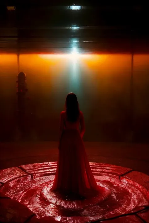 surreal, woman standing in a pool of blood, ultra-realistic,science fiction, sci-fi, action, dramatic lighting,