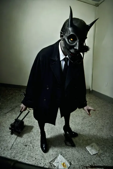 anxious fashionable demon, raw photo, spooky found footage, defects,trashy,b-,low budget