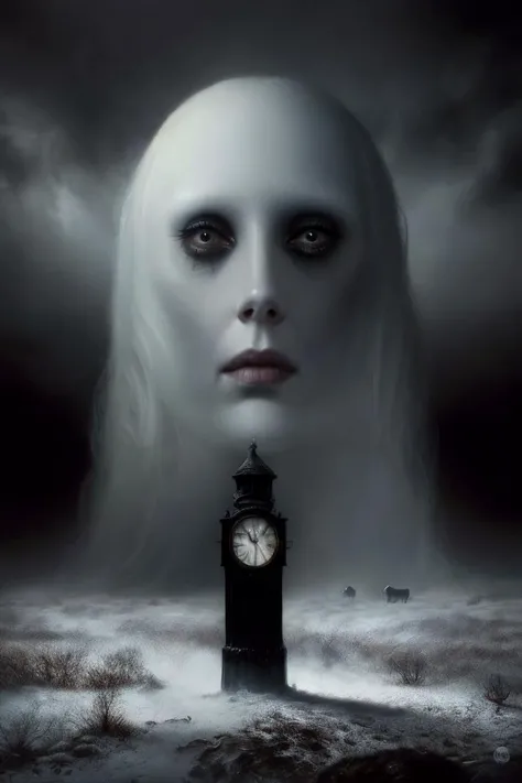 lowbrow, the passing of time at the end of the world, horror, ultra-detailed, surreal, strange, haunting,