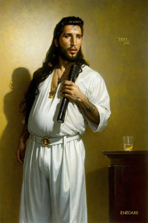 lowbrow, oilpainting, (elvis) ((was really jesus)) but he didnt know it and the devil got to him and made him shake his hips,1boy, glass eyes,(( fat neck)), too long longs, a mic bill, sick tats,( neck tattoo) of a bird talking, your mom went to college, can i get an amen up in here?,