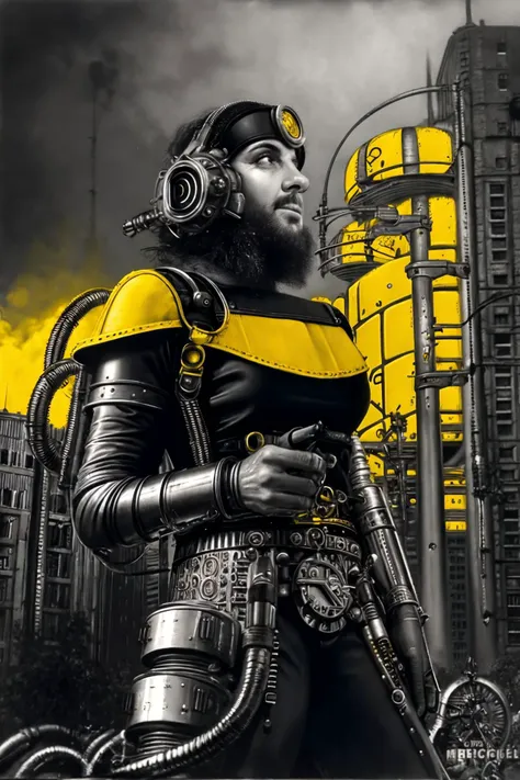 apocalyptic off-the-shoulder feast of fools, metropolis, retro-futuristic vintage analog photo, brutalist dieselpunk, bolts and piping, angular design, yellow and black, highly detailed