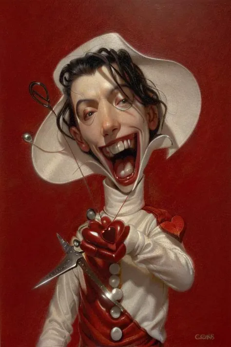 lowbrow, oilpainting, Greg Craola Simkins, cartoonish Edward scissorhands, multiple scissors duplicated and rotated for hands, heart-cookie, snowman, 1boy, tongue, male focus, scissors, open mouth, teeth, black hair