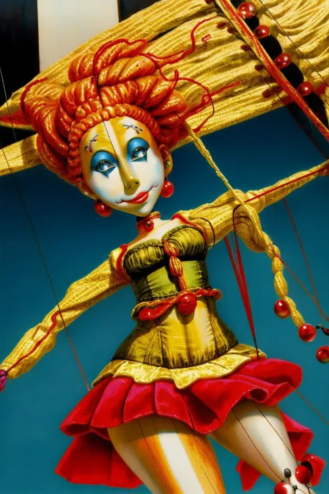 (best quality, masterpiece, perfect imagery, beautiful and aesthetic, colorful, dynamic angle, highest detail), ((a pretty marionette girl)), humanoid, (wooden head, wooden body:1.0), (yellow yarn hair), (blue eyes), (red felt short skirt), (blue camisole), dancing suggestively, exotic dancing, gentleman's club setting, (high contrast, official art, extreme detail, highest detail)