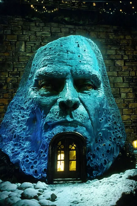 mountain shaped like a victorian basement, analog photo, vintage pulp fantasy film still, b-,grainy,animatronics