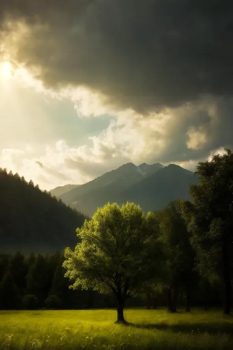 landscape, solo tree, photosynthesis, ultra-detailed, dramatic lighting,