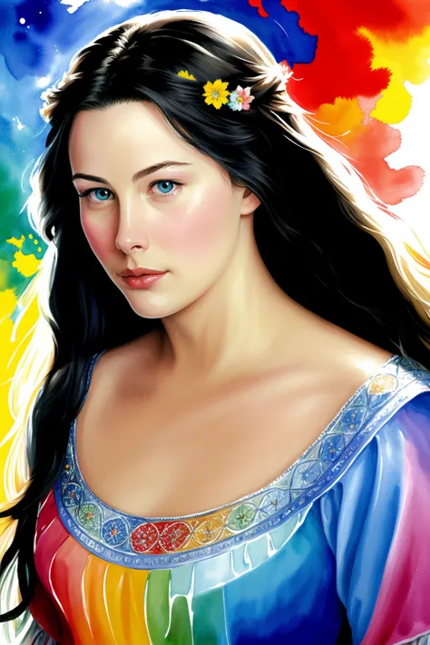 flat color,colorful,masterpiece, best quality, original, extremely detailed wallpaper, closeup, arwen, looking at viewer, 1girl, solo,floating hair, colorful water painting <lora:Arwen:0.9>