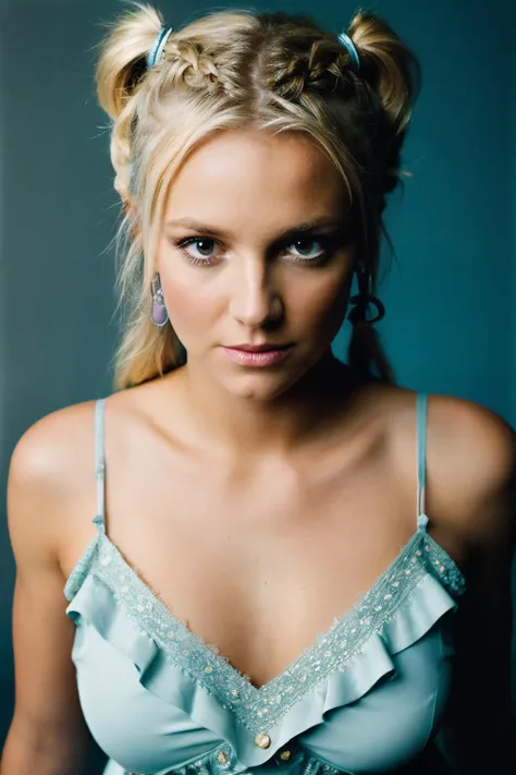 photoshoot of bys, (blonde hair), (pigtail hairstyle) , detailed skin texture, (blush:0.2), (goosebumps:0.3), (light blue dress), subsurface scattering, Photorealistic, Hyperrealistic, Hyperdetailed, analog style, hip cocked, demure, detailed skin, matte skin, soft lighting, subsurface scattering, realistic, heavy shadow, masterpiece, best quality, ultra realistic, 8k, golden ratio, Intricate, High Detail, film photography, soft focus, <lora:BritneySpears-RealVision-V1.0:1>