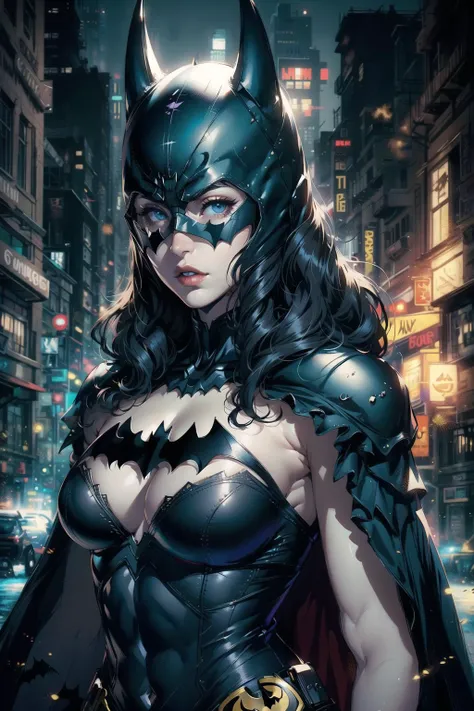 lewd cyberpunk batman as a woman, photo by Yousuf Karsh reimagined as a color manga, chrome silk with intricate ornate weaved golden filiegree, dark and moody and mysterious city night background