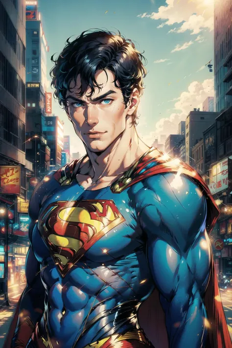 (Superman:1.3), solo focus, suit, muscular, (((Tanned skin))), Black Hair, Blue and Red Coat, Cityscape, Heroic, Superman Logo,{{{Master piece:1.3}}}, {{{realistic}}}, {{cinematic lighting}}, {{{perfect anatomy:1.3}}, handsome man, {{extremely detailed}}}, long eyelashes, {{perfect face}}, {{perfect eyes}} refined, {soft lighting}, {{inspiring}}, (detailed body),(Masterpiece)),(((best quality))), ( full body: 1.4), good anatomy, short hair, strong features, tall, strong, Large chest,((highly detailed features)), (((very detailed face))), noble features, intricate, (depth of field), dynamic lighting, highly detailed body, detailed features, 4k, textured, 1 man, looking at viewer, Superman logo, Cape and Boots, Flying pose, Bright sky, Sunlight, Metropolis City, Crime fighting, Amazing