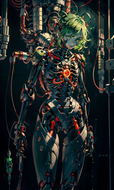 1girl, pain_facial_expression,((masterpiece)),((high detailed)), ((best quality)), green hair, red eyes, ((black_mechanical_body)), ((wires)), (((prothesis_arms))), raining, dark_lighting, beautiful lighting,((prothesis_legs)), reactor, fan,