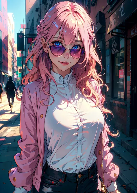 4k,highres, highest quallity, illustration, ultra detailed, cinematic lighting, best quality, hyper detailed, masterpiece, medium Breasts,shiny,1girl, ((detailed eyes, well defined eyes, gorgeous face, cute face), Solo, Pink Hair, Blue Eyes, Long Hair, Wavy Hair, Parted Bangs, Forehead, Medium Breast, Sunglasses, Pink Jacket, Long Sleeves, White Shirt, (Fashion), Upper Body, Looking at Viewer, Smile, Blush, Outdoors, City Street Background, Urban, from back