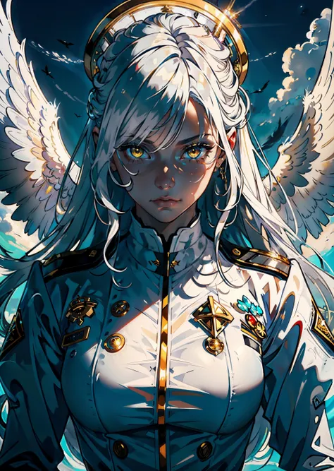 ((masterpiece)), ((best quality)), ((high detailed)), 1girl, whole_top_body_view, white_military_uniform, angel_wings, white_hair, shining_eyes, yellow eyes, holding_white_gun, insanely_beautiful, arrogant_facial_expression, sky background, storm, low_angle_camera, front_view, looking_down, white_halo