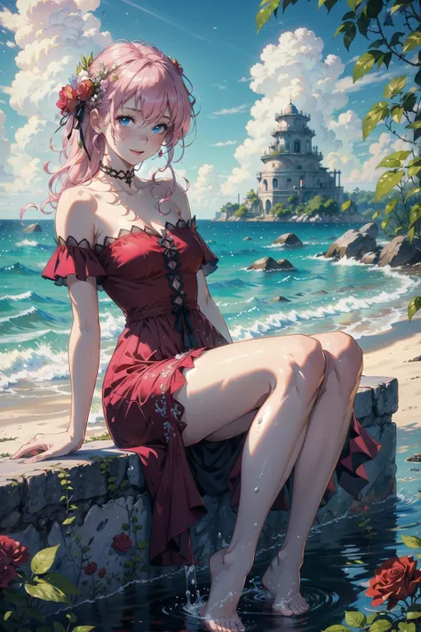 finely detail, Depth of field,(((masterpiece))),((extremely detailed CG unity 8k wallpaper)),best quality, high resolution illustration,Amazing,highres,intricate detail,(best illumination, best shadow, an extremely delicate and beautiful), 1girl, dress,solo,pink hair, long_hair, barefoot, bare_legs, bare_shoulders, strapless,dress_flower,pink dress,dress_ribbon, looking_at_viewer, blue eyes,Lovely face,smile,happy expression, (((Tyndall effect))),dappled sunlight,cloud, rose, ocean_of_roses, outdoors, fantasy, blue_sky, water_drop,splash