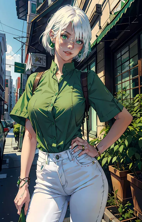 ASCII1girl,white hair,green eyes,medium hair,confident smile,standing,wearing,green shirt,white jean,jewelry,