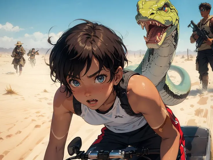Place: Massive chase through desert, dune, sand, dust, Huge Snake open mouth massive Fangs, ((Snake monster:1.2)) in the Background, BREAK
Character: 1boy, , Riding on a  open roof Jeep, open roof Jeep in desert, BREAK
Clothing: modern armom, a machien gun, tactical gear, BREAK
Quality: Fearless and skilled in combat, commands the loyalty and power of a companion, turns the tide of battle,escape from danger,