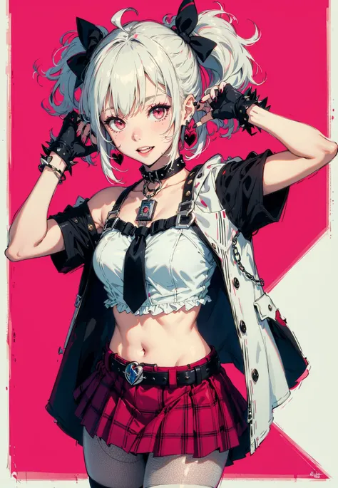 1girl, solo, long hair, smile, skirt, gloves, heterochromia, hair ornament, fingerless gloves, bow, hair bow, jewelry, black gloves, plaid skirt, multicolored hair, fishnets, looking at viewer, shirt, plaid, earrings, black bow, nail polish, belt, heart, red shirt, short sleeves, grin, crop top, single glove, bangs, red skirt, cowboy shot, arms up, bandages, hairclip, choker, ahoge, black nails, signature, pink eyes, necktie, bandaged arm, very long hair, spikes, midriff, collar, pleated skirt, black choker, black necktie, pink hair, polka dot, blush, ear piercing, miniskirt, grey eyes, grey hair, piercing, hands up, multicolored nails, heart hair ornament, streaked hair, black collar, black belt, white hair, red eyes, red nails, frills, safety pin, x hair ornament, ring, breasts, buckle, badge, chain, spiked bracelet, character name, bracelet, pink background, cropped legs, single fingerless glove, navel, sidelocks, spiked collar, studded belt, gradient hair, belt buckle, fishnet pantyhose, two-tone hair, multicolored skirt, heart earrings, standing, button badge, teeth, red hair, collarbone, off shoulder, polka dot bow, red jacket, artist name, ribbon, off-shoulder shirt, virtual youtuber, wavy hair, border, cropped jacket, hair ribbon, wristband, black ribbon, food-themed hair ornament, clothes writing, frilled shirt, pantyhose, english text, medium breasts, small breasts, outside border, half gloves, black skirt, colored tips, heart ahoge, twitter username, black shirt, pink nails, crop top overhang, bandaged leg, fingernails, white shirt, two side up, mole, two-tone background, asymmetrical gloves, rose, flower, asymmetrical clothes
