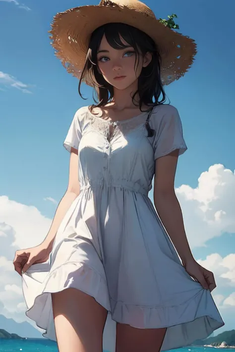 very cute and beautiful girl,frilled white summer dress with detailed lace,(highly detailed beautiful face), (smile),blush,black hair,low twintails,looking at viewer,cowboy shot,(skirt lift,white panties), beach,wooden floating cottage, (best quality,masterpiece:1.2),absurdres,highres,ultra-detailed,extremely detailed,32k,8k resolution, intricate details,cinematic scene,detailed background,solo,dynamic angle, hair fluttering in the wind,beautiful detailed sky,