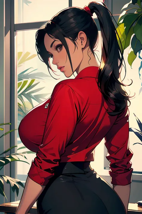 1girl, depth of field, official art, unity 8k wallpaper, ultra detailed, illustration, beautiful and aesthetic, masterpiece, best quality , (huge breasts), (milf, mature female), (office suit, red shirt, black skirt), beautiful face, (pony tail hair, black hair:1.4), brown eyes, cowboy shot, glowing skin, back lighting, athletic figure, muscular female, curvy, wide hips, colorful, looking at viewer, Hyperrealistic, at office, plants , outline, casual , from the front, watercolor, traditional media, (chromatic aberration, intricate details), dynamic pose, dynamic angle, from front,
<lora:sxz-niji-v2:0.4> <lora:odanon-lora-v1-128dim-10ep-novae:0.4> <lora:danniashe-#r.768,768#d.256#a.256#l.1#u.1#t.1#s.cosine#e.:0.2>