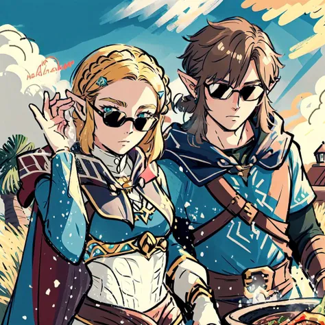 1boy and 1girl, 1girl,1boy, cape, saltbaememe, salt, sunglasses