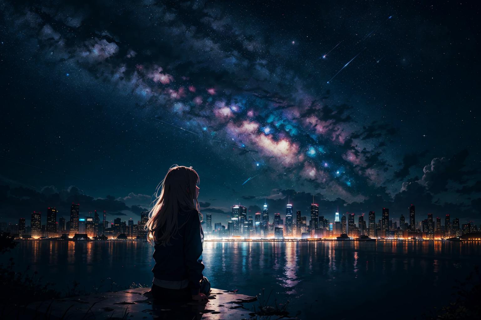 A woman sitting on the shore looking at the night sky - SeaArt AI