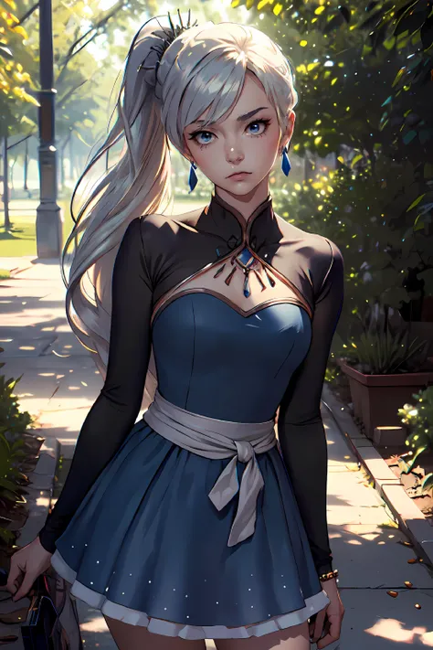 (masterpiece, best quality:1.2), cowboy shot, solo, 1girl, weissmistral, expressionless, closed mouth, looking at viewer, side ponytail, blue dress, long sleeves, jewelry, earrings, <lora:rwby_weissschnee:1>