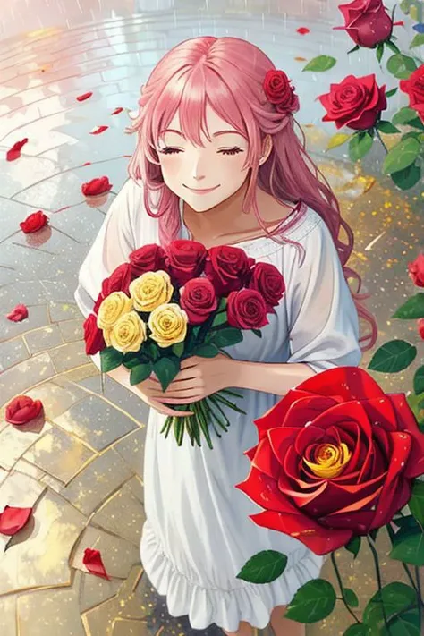 a woman smiling with rose, red flower, pink rose ,petals, rose petals, yellow flower falling, in rain