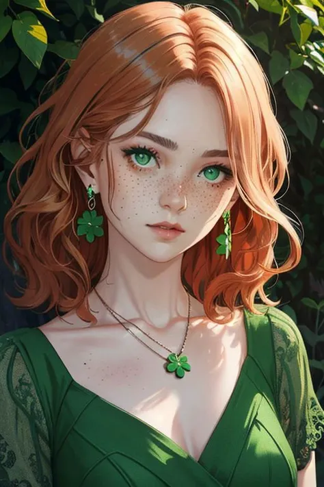 ((best quality)), fFaceDetail, pale skin, green eyes, ginger hair, freckles, makeup, earrings, headshot, green dress, clover necklace, ireland